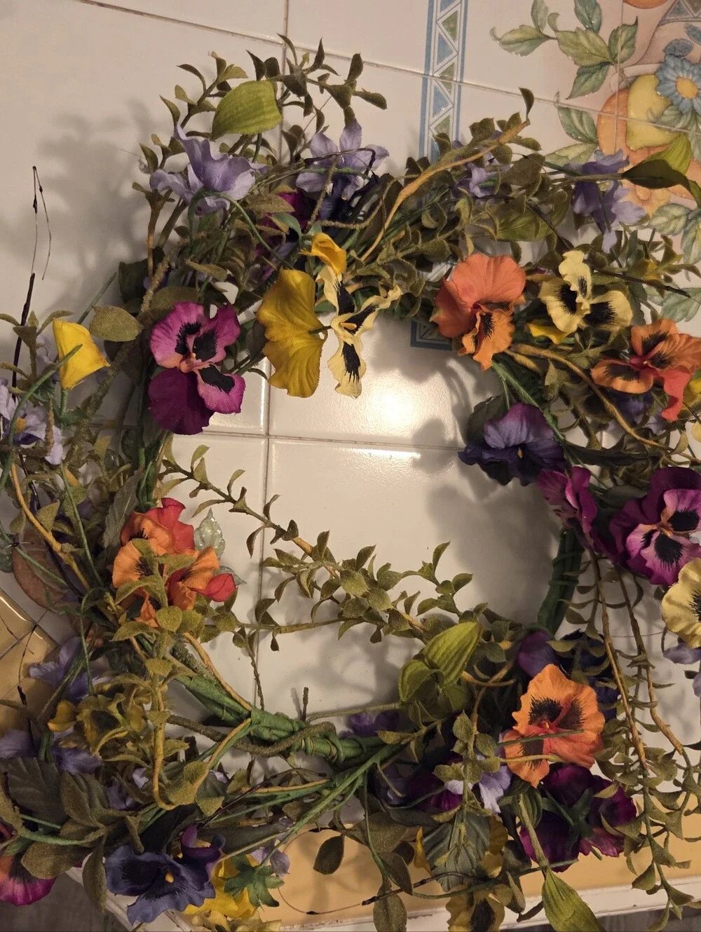 Artificial Pansy Wreath in Purple, Yellow, Orange - Home Accents